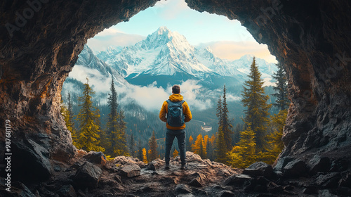 Adventurous Man Hiker standing in a cave with rocky mountains in background. Adventure Composite. 3d Rendering Peak. Aerial Image of landscape from British Columbia, Canada 