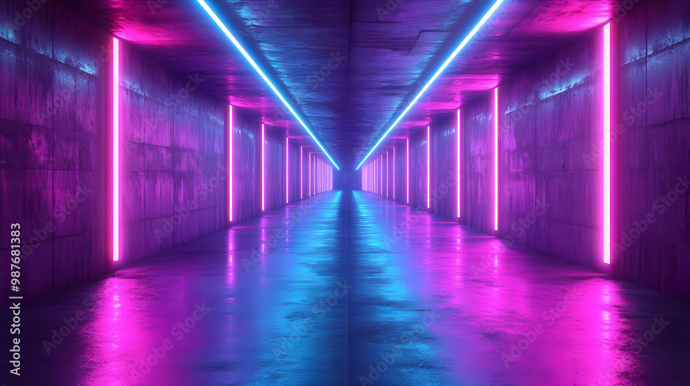 Neon Lights in a Concrete Corridor 3D Illustration Neon Lights in a Concrete Corridor 3D Illustration