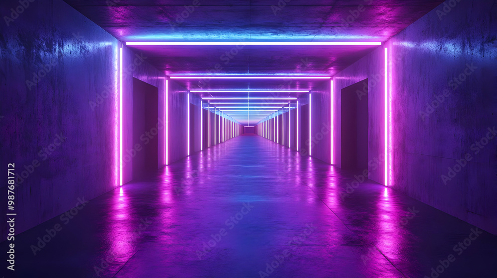 Neon Lights in a Dark Tunnel - 3D Illustration Neon Lights in a Dark Tunnel - 3D Illustration