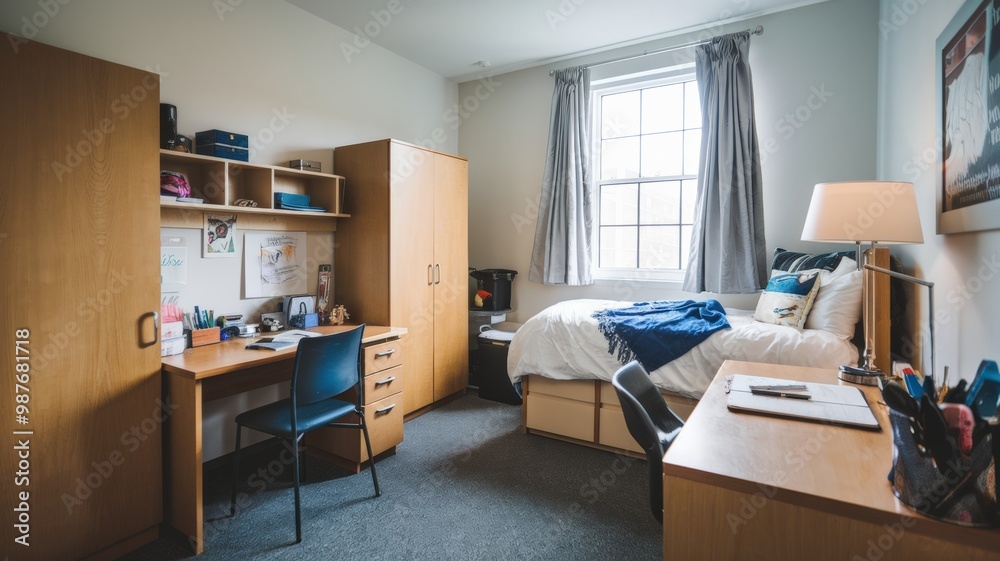 A photo of a dorm room with a bed, a desk, a chair, and a wardrobe. The bed has a white sheet and a blue blanket. The desk has a lamp, a planner, and a pen. The chair is next to the desk. A photo of a dorm room with a bed, a desk, a chair, and a wardrobe. The bed has a white sheet and a blue blanket. The desk has a lamp, a planner, and a pen. The chair is next to the desk.