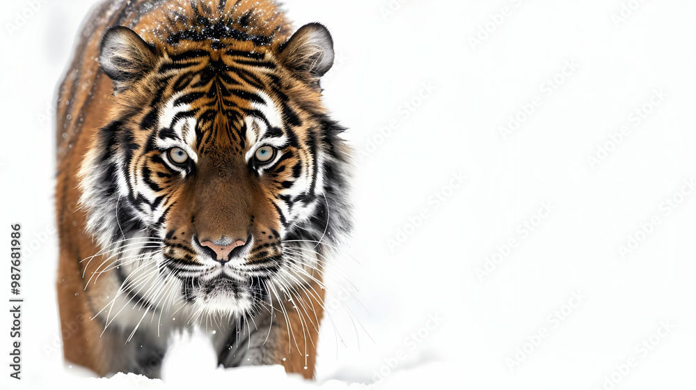 Fototapeta premium Tiger Stalks Through the Snow, Copy Space for Your Message