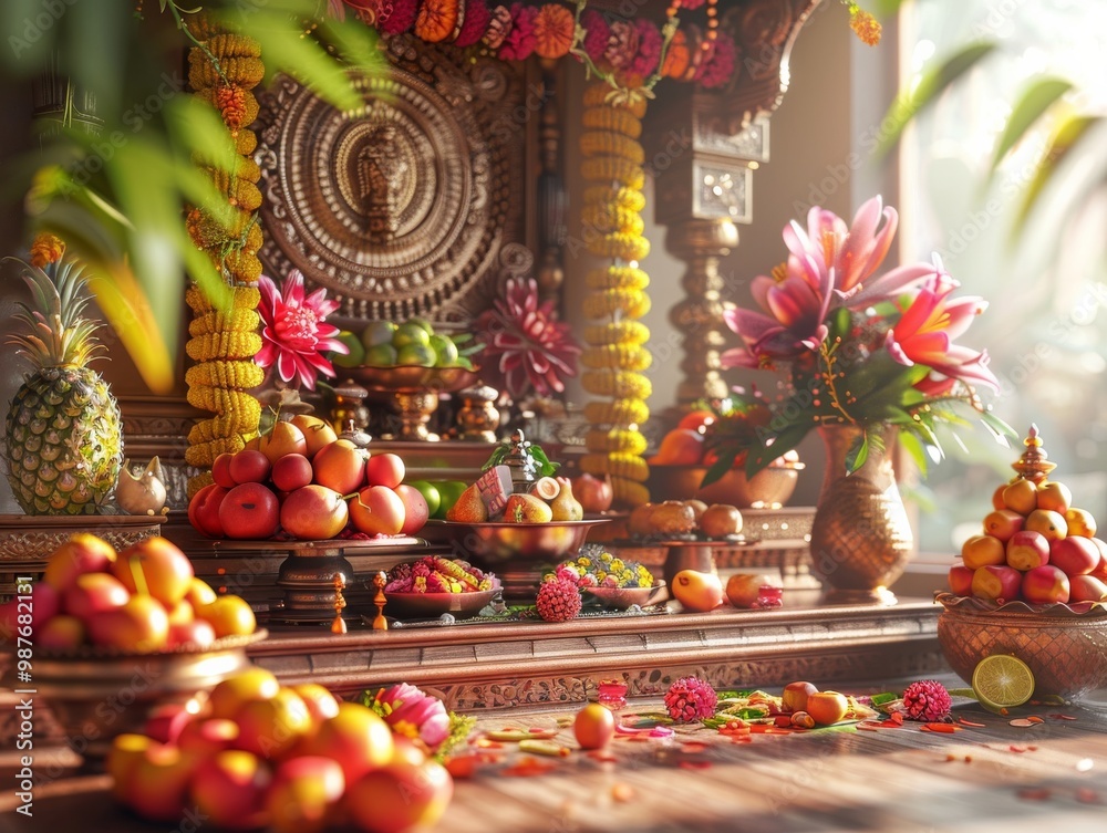 Naklejka premium banner background of Navratri Day [An elaborate depiction of a puja setup with intricate decorations of fruits, flowers, and traditional items,