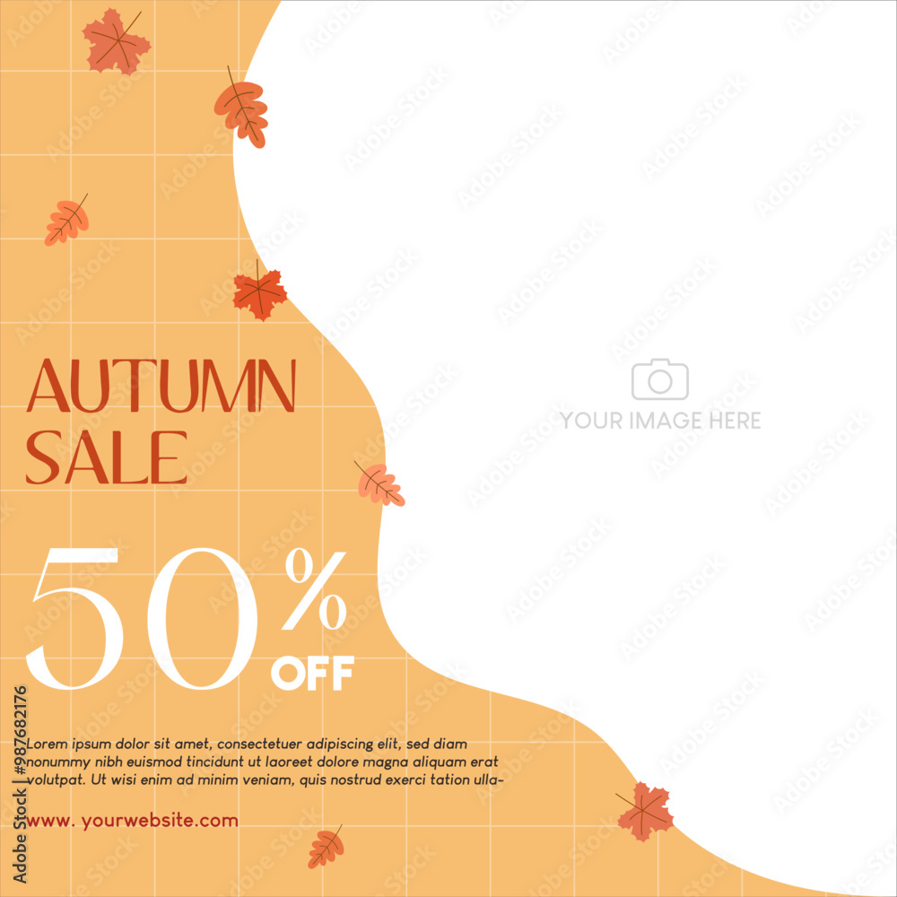 Obraz premium Autumn sale discount in yellow theme with autumn leaves and image placement on the right. Vector illustration template for social media promotion.