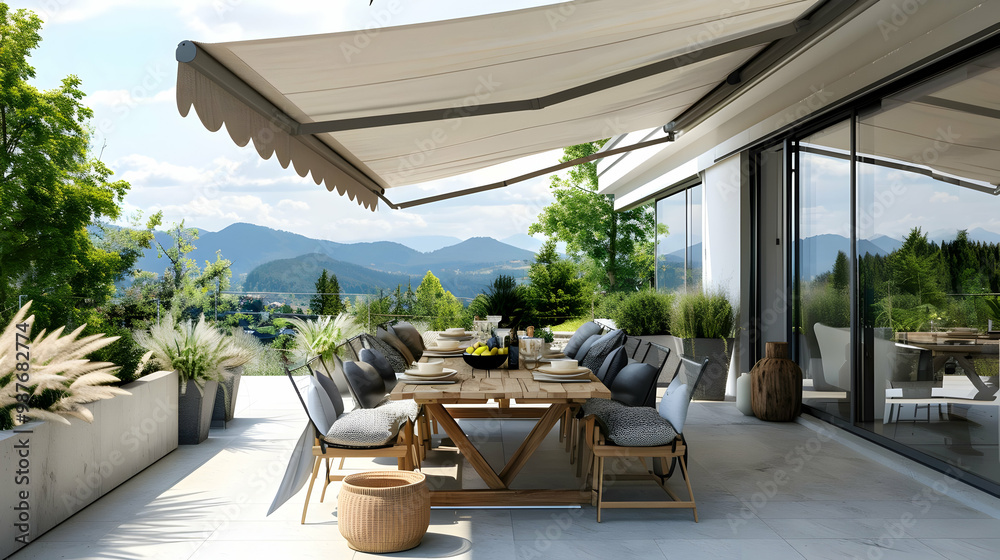 Fototapeta premium Modern Patio with Mountain Views Luxury Home Design