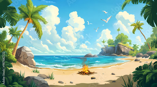 There is a lost island in the ocean with a castaway trying to get help. modern cartoon seascape with palm trees, rocks, and a sandy beach with a bonfire. Deserted Island. Illustration photo