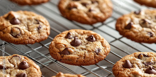 Detailed close-up photograph of chocolate chip cookies cooling on a metal baking rack, focusing on the rich, gooey chocolate chips and the golden-brown, crispy cookie edges. photo