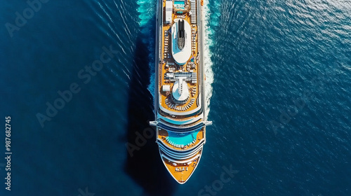 Aerial front view of a generic cruise ship traveling with speed over blue ocean with copy space  