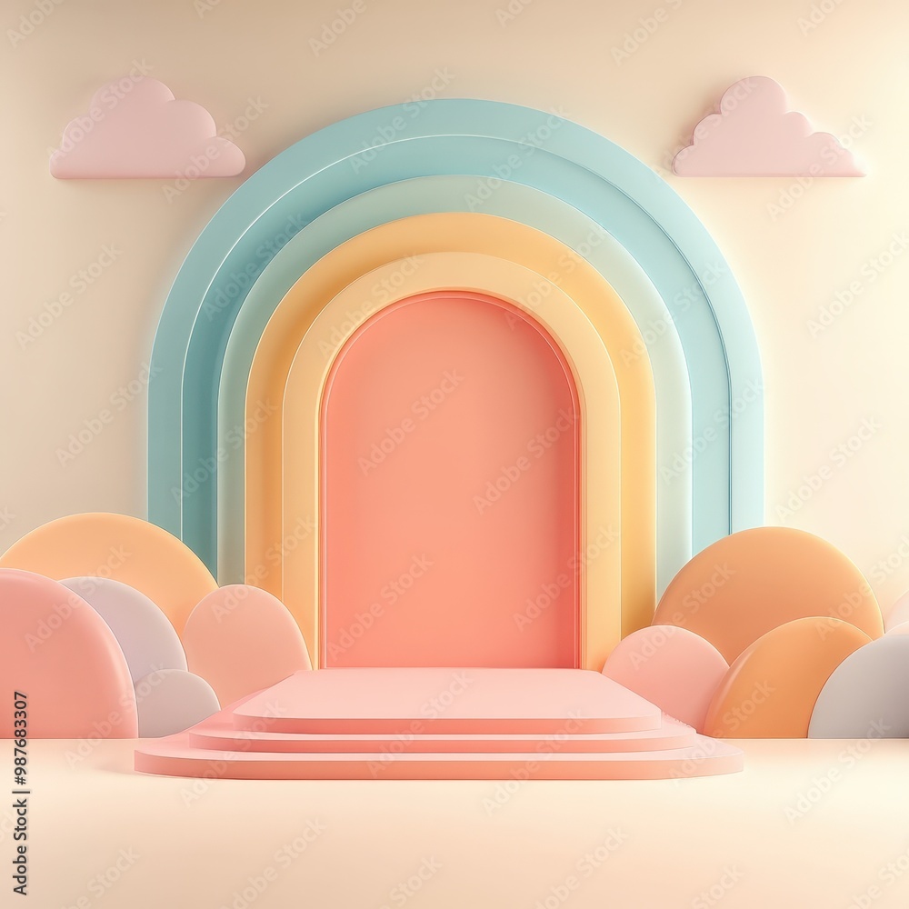 Pastel Rainbow Arch with Podium for Product Display. Pastel Rainbow Arch with Podium for Product Display.