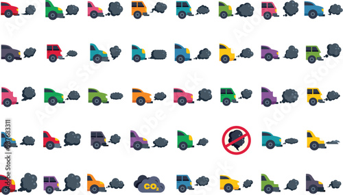 Set of various cars emitting black smoke from exhaust pipes, representing the concept of pollution