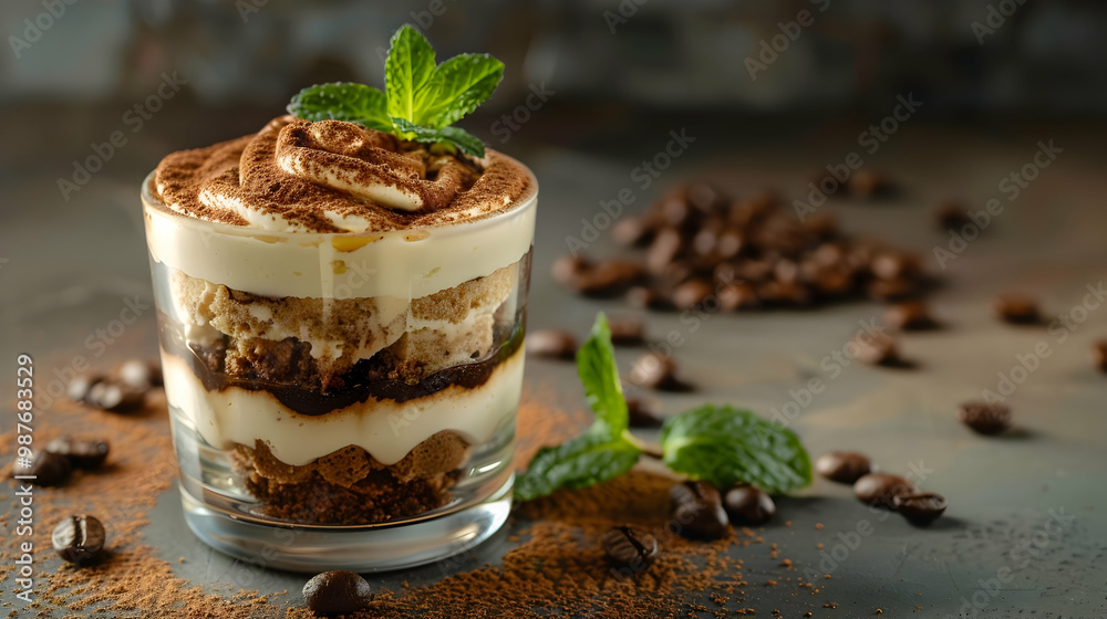 Tiramisu Dessert with Coffee Beans and Mint Tiramisu Dessert with Coffee Beans and Mint