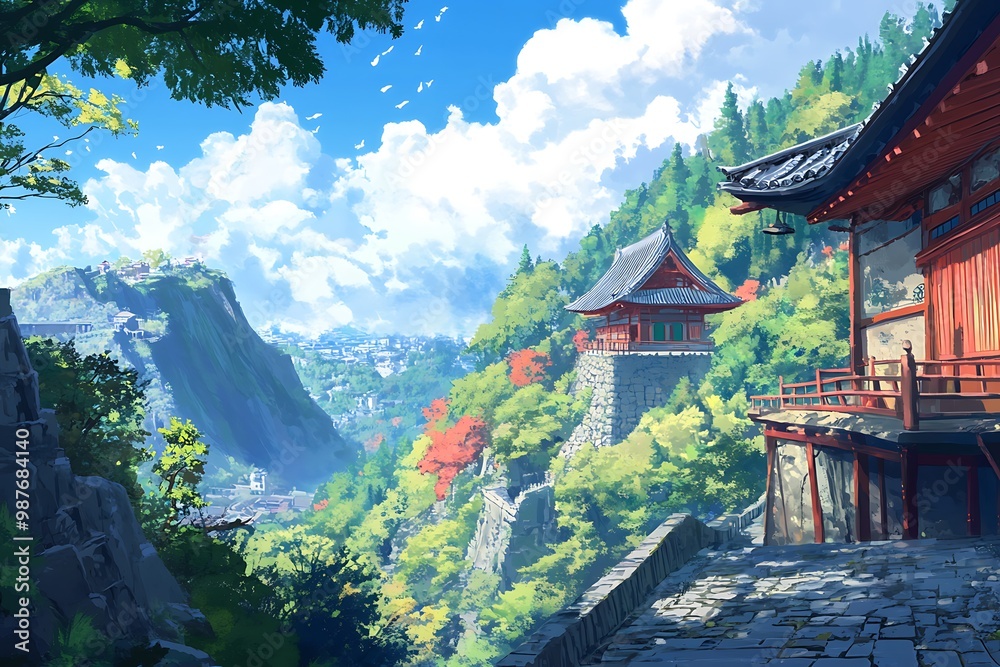 Japanese Temple in Mountain Landscape with Blue Sky and White Clouds Japanese Temple in Mountain Landscape with Blue Sky and White Clouds