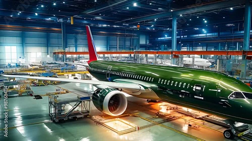 Large Aircraft in Industrial Hangar, Advanced Airplane Manufacturing, Aviation Technology, Modern Aerospace Engineering