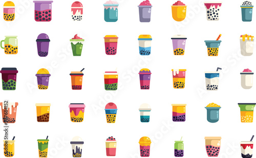 Collection of bubble tea cups showing the variety of flavors and toppings