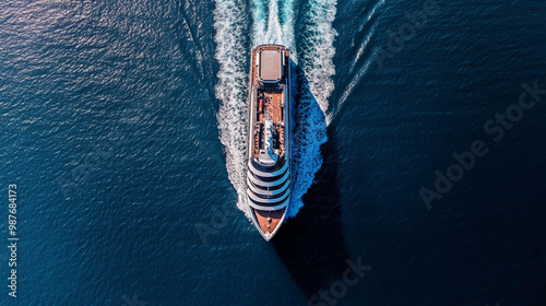 Aerial front view of a generic cruise ship traveling with speed over blue ocean with copy space  