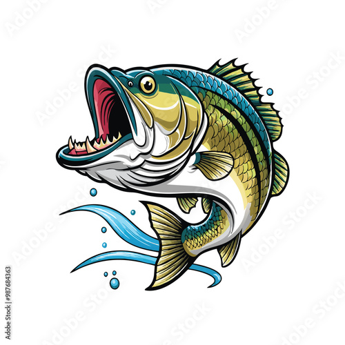 large bass fish in the mount jumping from the water isolated on white background 