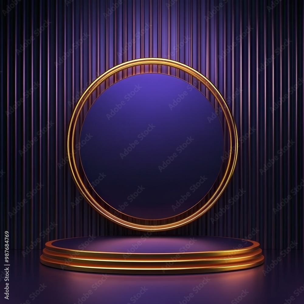 Golden Circle Frame with Purple Striped Background and Stage Golden Circle Frame with Purple Striped Background and Stage