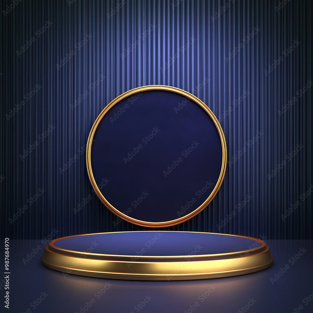 Gold Circle Frame and Platform on Blue Striped Background. Gold Circle Frame and Platform on Blue Striped Background.