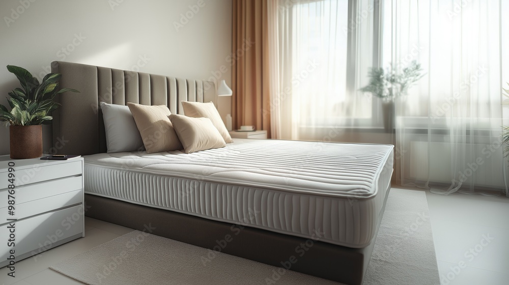 Fototapeta premium New matress on a bed of light cozy pastel beige hotel room or apartment for rent for healthy sleep and washing services