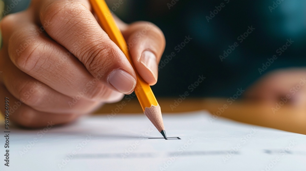 Hand Filling Out a Survey with a Pencil.