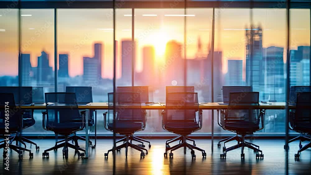 Modern Office Conference Room with Panoramic City View, Sunset Lighting, Sleek Workspace Design, Corporate Meeting Setup Modern Office Conference Room with Panoramic City View, Sunset Lighting, Sleek Workspace Design, Corporate Meeting Setup