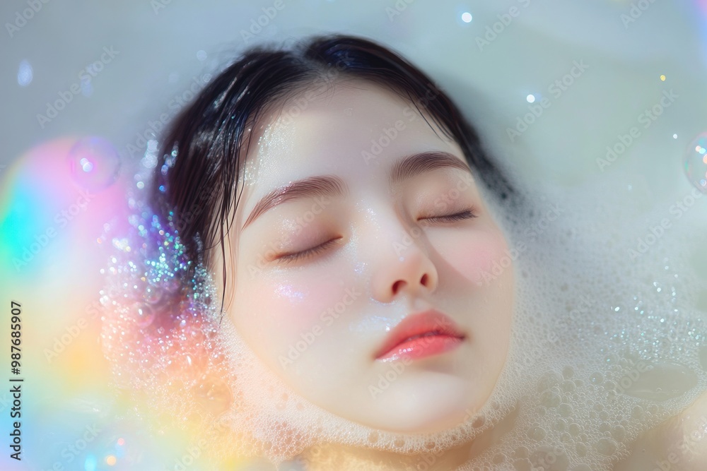 Woman Relaxing in a Bubble Bath with Rainbow Lights Woman Relaxing in a Bubble Bath with Rainbow Lights