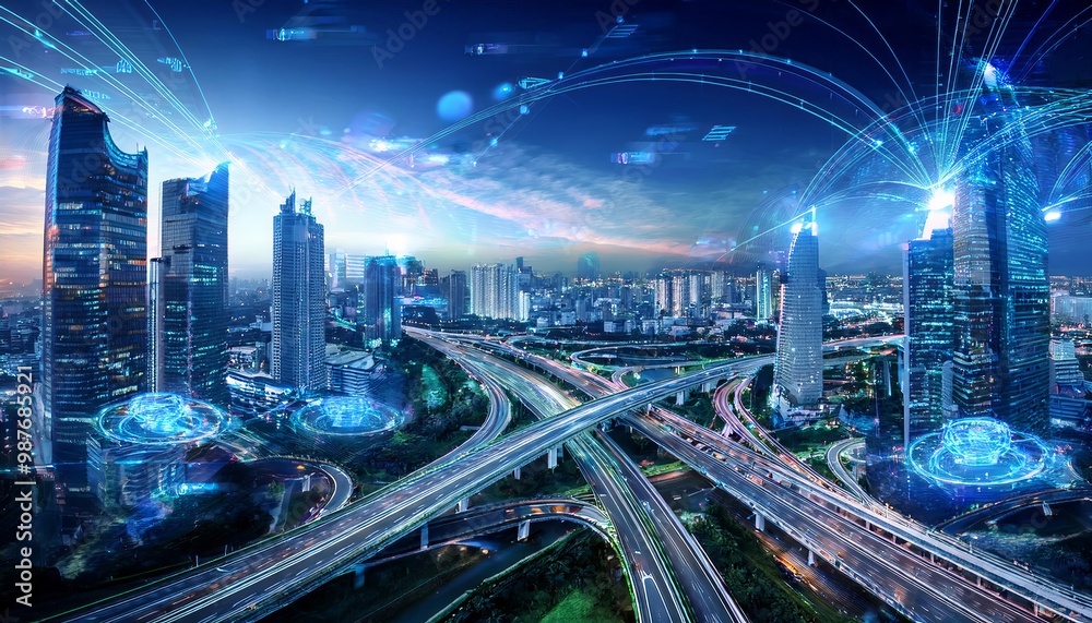 Fototapeta premium Futuristic Metropolis: Illuminating the Digital Landscape