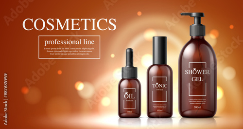 Cosmetic product package templates. Shower gel, hair oil and face tonic bottles. Elegant professional line packaging showcasing high-quality cosmetics and personal care items with luxurious design