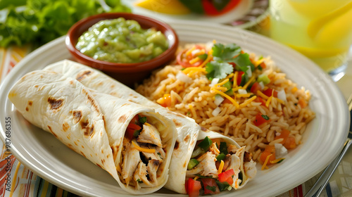 Chicken Burrito with Guacamole and Rice A Delicious Mexican Meal