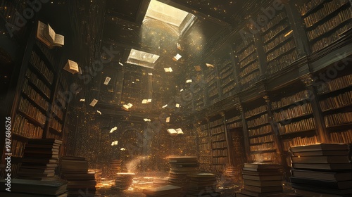 A vast, ancient library filled with glowing books and floating pages, with the soft hum of magical energy filling the air. photo