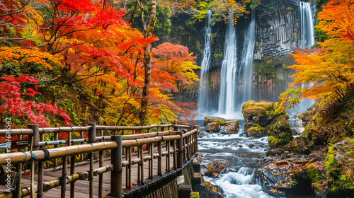 Bamboo wood bridge a large blossom red orange yellow leaves and high waterfalls background