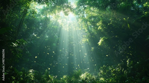 Sunlight shining through the trees in a dense green forest