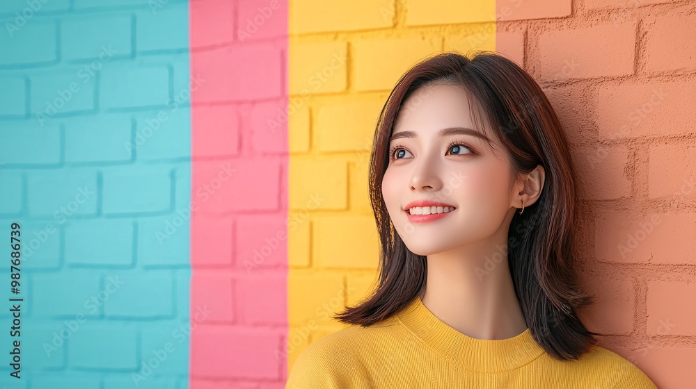 Young Woman Smiling Against Colorful Brick Wall. Young Woman Smiling Against Colorful Brick Wall.