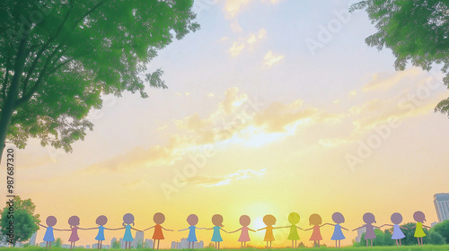 Paper children holding hands, symbolizing unity at sunset