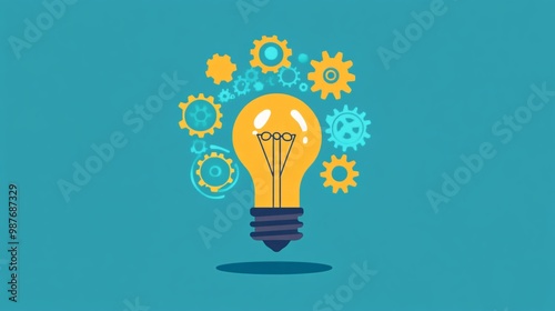 Innovative Thinking: Conceptual Light Bulb with Gears in Flat Design, Symbolizing Ideas and Growth