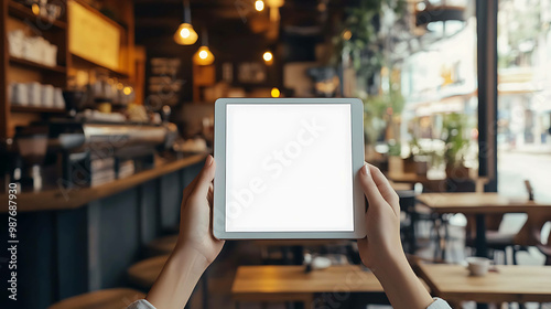 Mockup of a tablet computer with a blank screen being held by a person in a cafe.