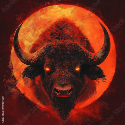 A fierce red buffalo game icon, slot game element, Illustration
