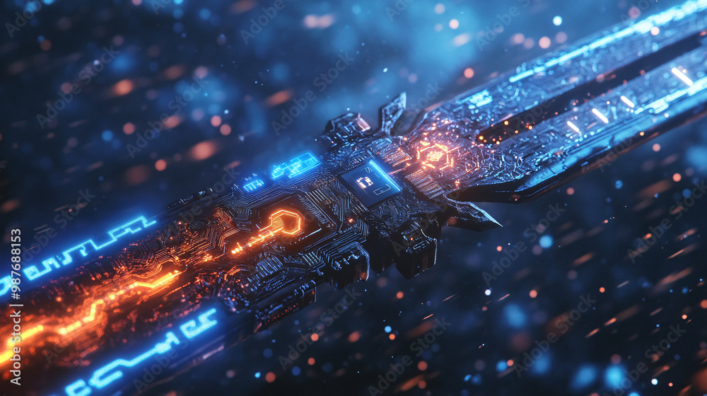 Fototapeta premium A microchip embedded in a futuristic sword. with glowing runes along the blade. 