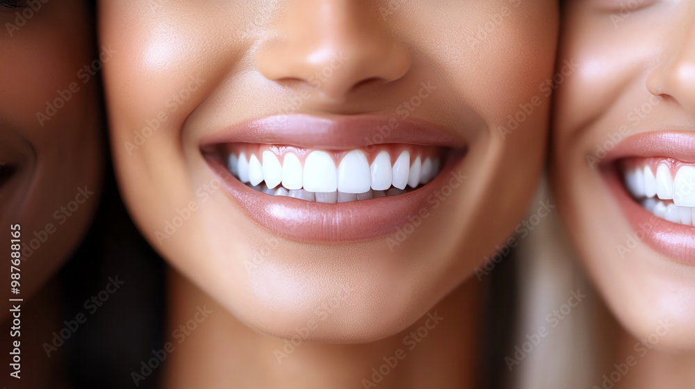 A close-up of three women smiling with their teeth showing. The image is a celebration of diversity and beauty.