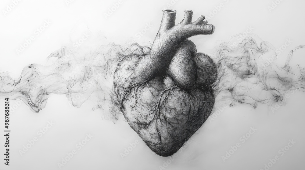 Obraz premium A detailed pencil drawing of a human heart with smoke emanating from it. This artwork explores the concepts of love, loss, and the fragility of life.