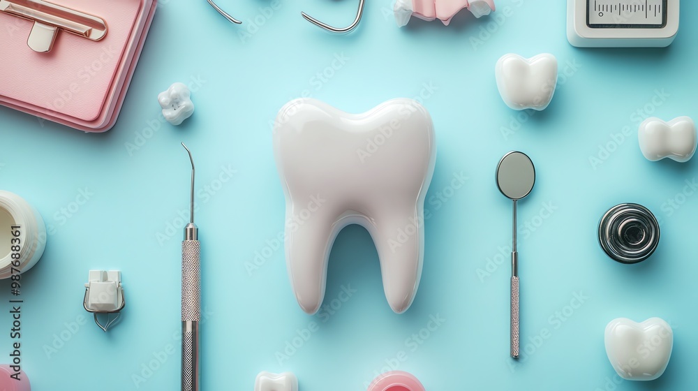 A flat lay of dental tools and teeth models on a blue background. The image is perfect for a dental office or a blog post about dental care. A flat lay of dental tools and teeth models on a blue background. The image is perfect for a dental office or a blog post about dental care.