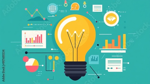 Illuminating Growth: Light Bulb with Data and Graphs - Flat Design Illustration