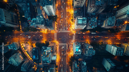 Aerial top view of downtown district buildings in night city light. Bird's eye view from drone of cityscape metropolis infrastructure, crossing streets with parked cars. Development infrastructure  
