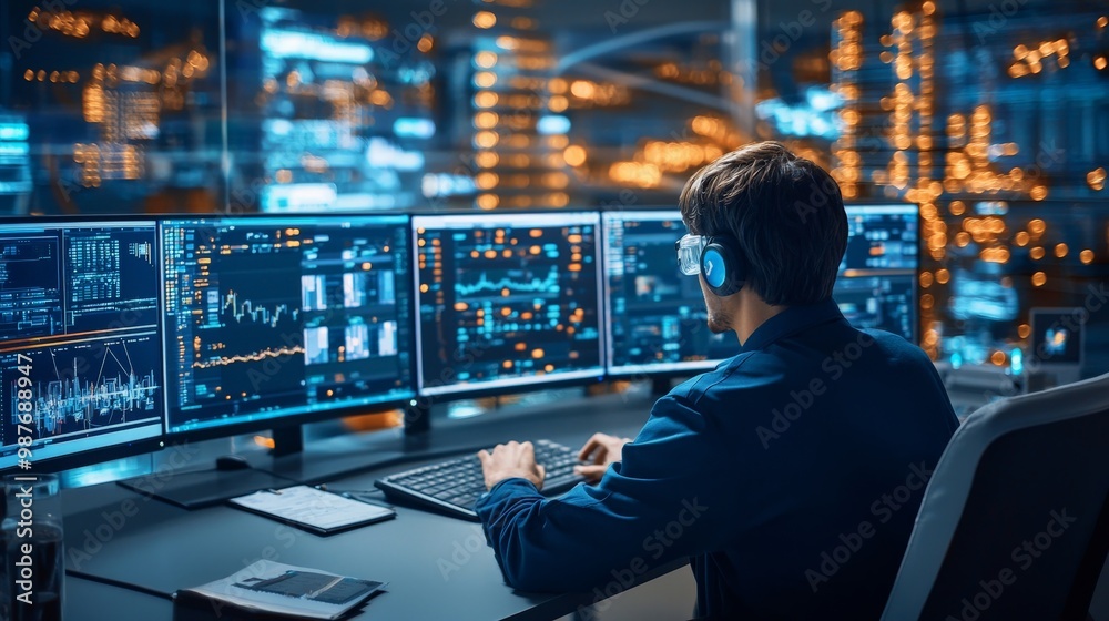 A control room filled with monitors displaying real-time data from an oil production site, with engineers ensuring smooth operations, emphasizing the importance of resource management