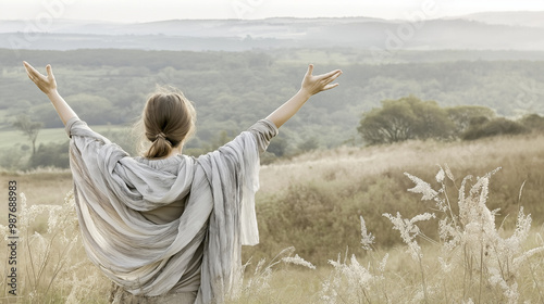 Woman raising arms enjoying freedom in nature