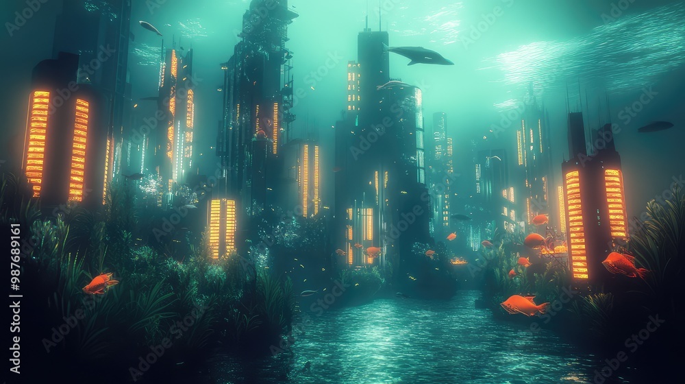 Obraz premium A futuristic city built entirely underwater, with glowing buildings rising up from the seabed and strange sea creatures swimming around them.