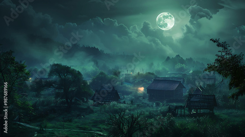 A misty village at night illuminated by a full moon. photo