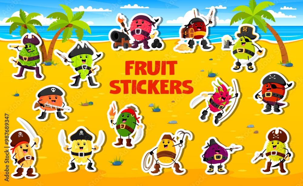 Obraz premium Cartoon fruit pirate and corsair characters stickers. Lychee, bergamot, pear and orange, dragon fruit, carambola, grape and melon, mango, plum or passion fruit on secret island with tropical beach