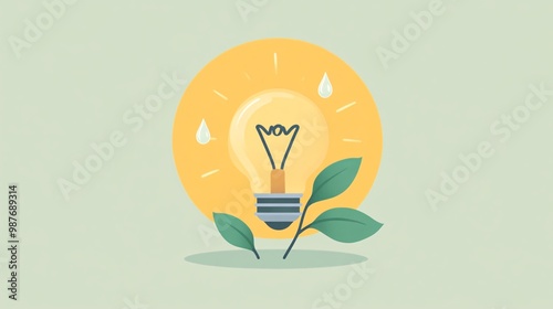 Nurturing Ideas: Light Bulb with Leaf and Water Droplet - Conceptual Flat Design Illustration for Growth and Innovation