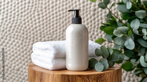 White Pump Bottle with Towels and Eucalyptus on Wooden Table.