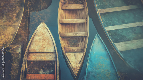 Old wooden fishing boats floating on calm water surface